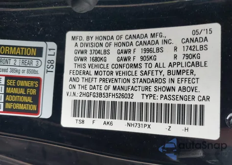 2015 Honda Civic Lx from USA, damaged, VIN 2HGFG3B53FH526032